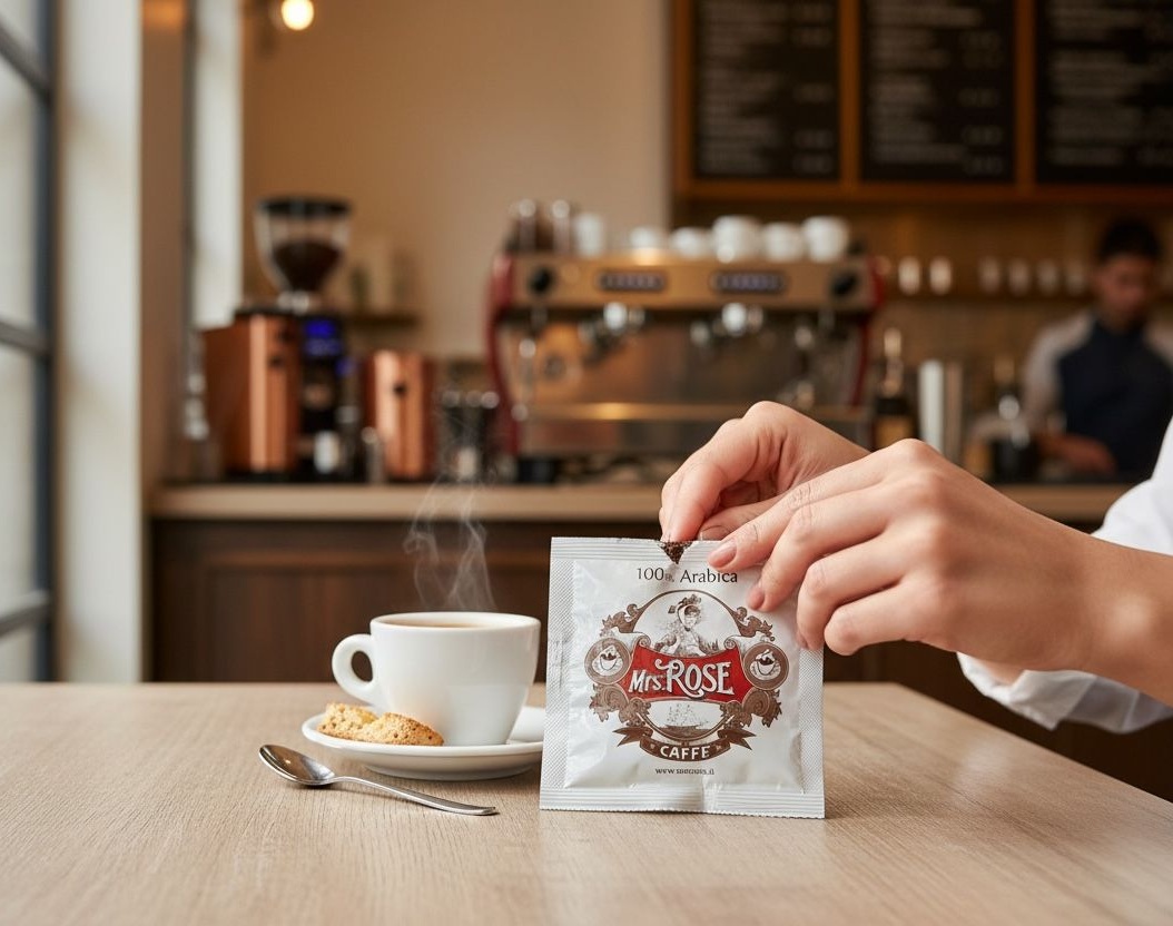 Mrs. Rose Espresso — Cialda mit dampfendem Espresso und Cantuccini auf einer Bartheke